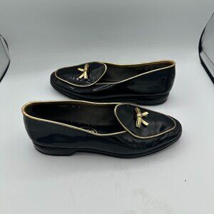 Belgian Shoes Midinette Loafers Black Patent Leather Gold Trim Bow M 5 (4287)